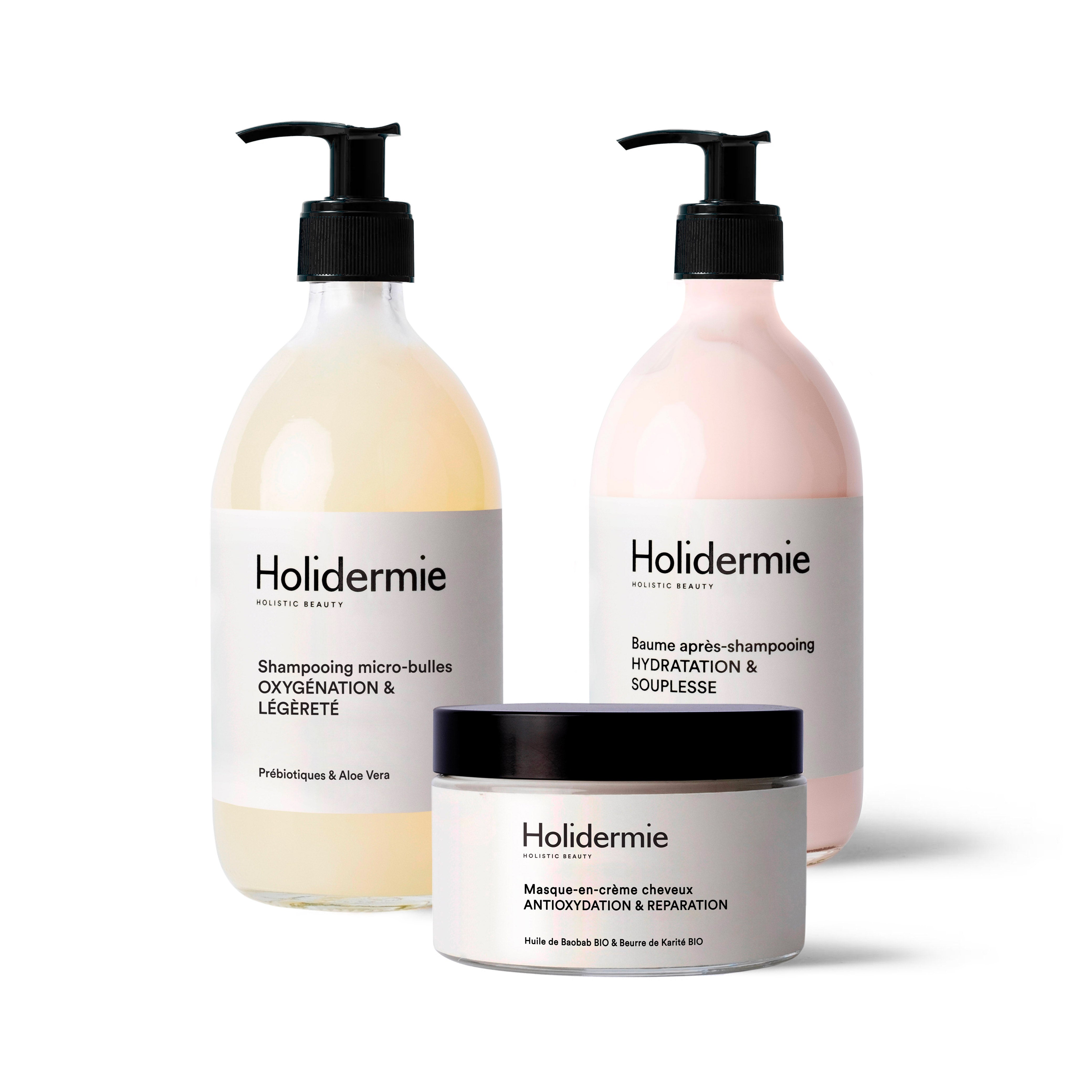 Trio Essentiel Cheveux Holidermie avec shampooing micro-bulles, baume après-shampooing et masque réparateur