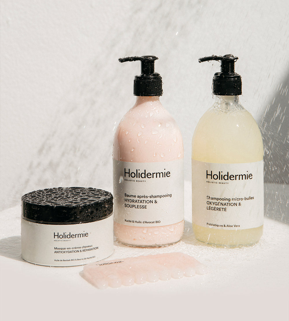 Routine cheveux Holidermie pour cuir chevelu équilibré, cheveux nourris et fibre capillaire renforcée